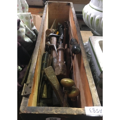 158 - PINE BOX OF VARIOUS OLD HAND TOOLS