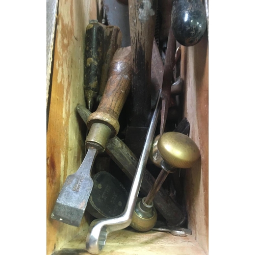 158 - PINE BOX OF VARIOUS OLD HAND TOOLS