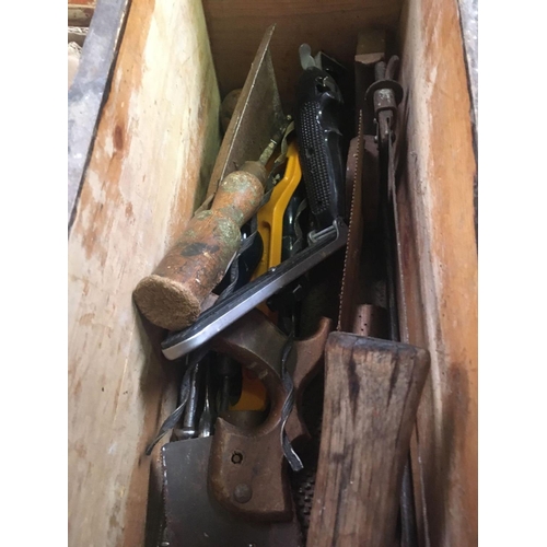 158 - PINE BOX OF VARIOUS OLD HAND TOOLS