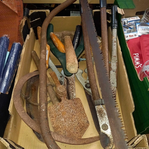 170 - CARTON OF VARIOUS TOOLS INCL; SAWS, LOPPERS, SHEARS ETC