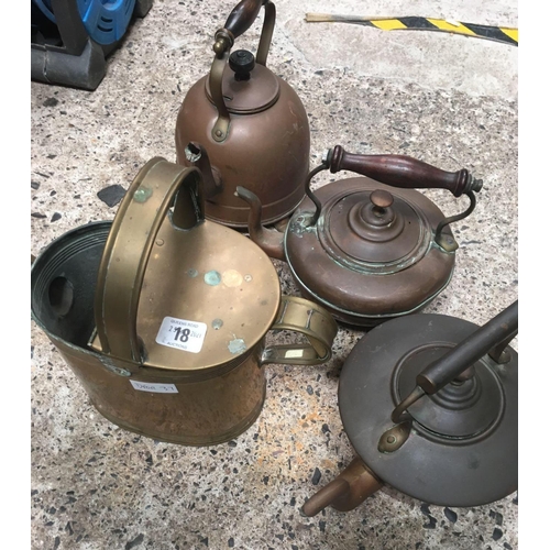 18 - 3 VINTAGE COPPER KETTLES & BRASS WATERING CAN