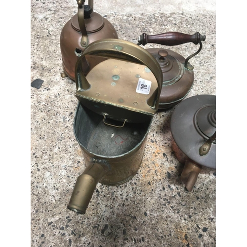 18 - 3 VINTAGE COPPER KETTLES & BRASS WATERING CAN