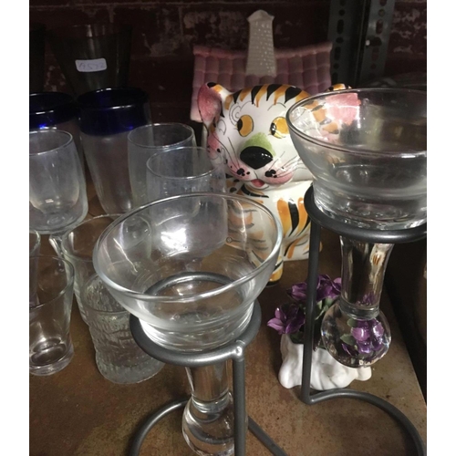 182 - SHELF OF VARIOUS GLASSWARE INCL; SUNDAE DISHES, GLASSES, GOBLETS ETC