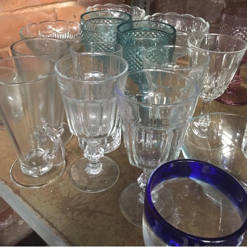 182 - SHELF OF VARIOUS GLASSWARE INCL; SUNDAE DISHES, GLASSES, GOBLETS ETC