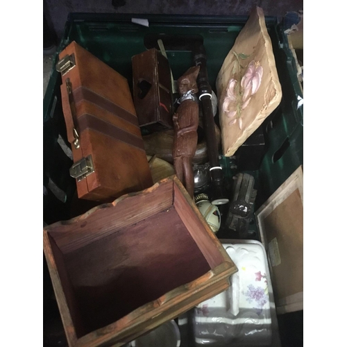 214 - 2 BOXES OF VARIOUS TREEN POTTERY, COMICS, CRICKET BAT ETC