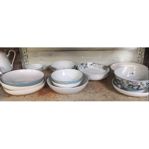 228 - 2 SHELVES OF CHINA DINNERWARE INCL; COLCLOUGH, ROYAL WORCESTER, ROYAL DOULTON ETC