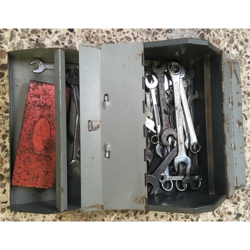 257 - METAL TOOL BOX WITH NUMEROUS SPANNERS & A SOCKET SET