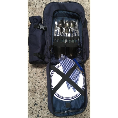 28 - BLUE CANVAS BACKPACK PICNIC HAMPER WITH PART CONTENTS & A SLATE PICTURE FRAME