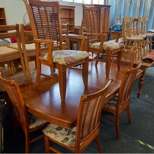 287 - MODERN POLISHED TEAK DINING TABLE WITH 4 UPHOLSTERED CHAIRS & 2 CARVERS - UNUSUAL ORIENTAL STYLE LAD... 