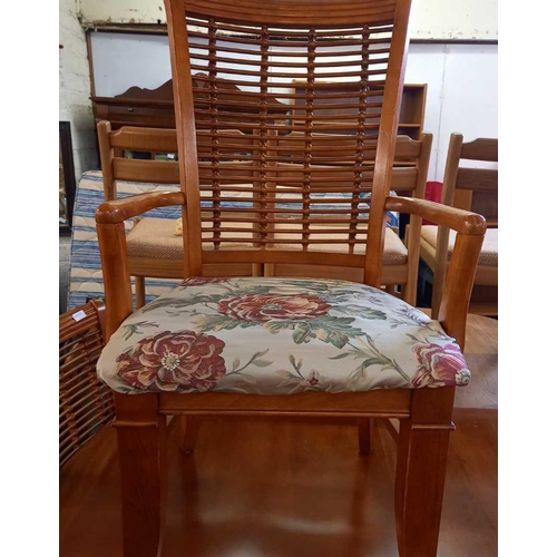 287 - MODERN POLISHED TEAK DINING TABLE WITH 4 UPHOLSTERED CHAIRS & 2 CARVERS - UNUSUAL ORIENTAL STYLE LAD... 