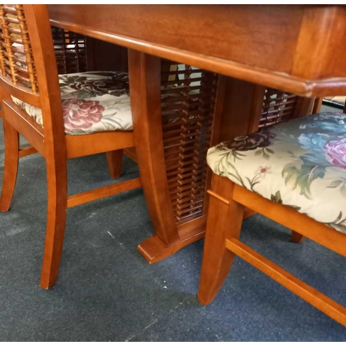 287 - MODERN POLISHED TEAK DINING TABLE WITH 4 UPHOLSTERED CHAIRS & 2 CARVERS - UNUSUAL ORIENTAL STYLE LAD... 