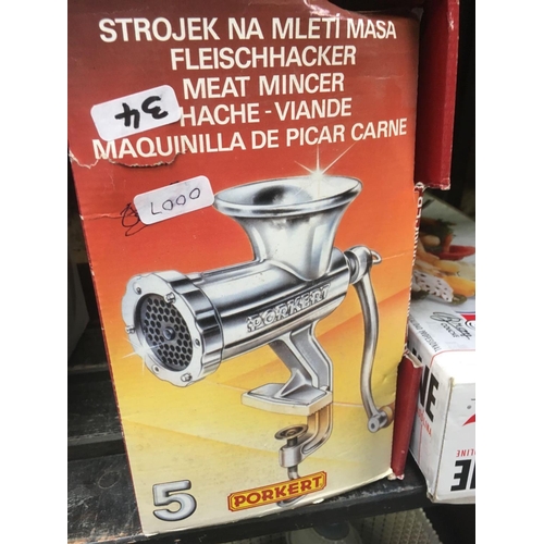 34 - MANDOLIN VEGETABLE SLICER JUDGE TWIN BLADE HAND MIXER & METAL TABLE TOP MEAT MINCER ALL IN BOXES