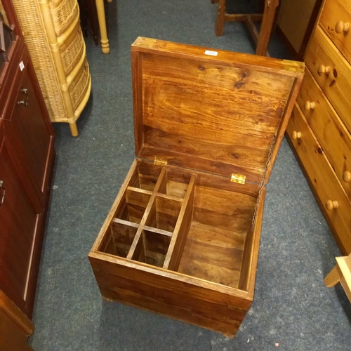 351 - MODERN STAINED PINE & BRASS BOUND WINE BOX WITH HINGED LID