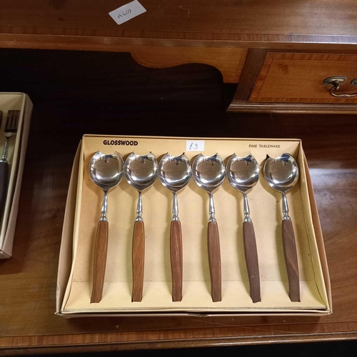 359 - BOX WITH 2 BOXED CANTEEN WOOD HANDLED CUTLERY SETS