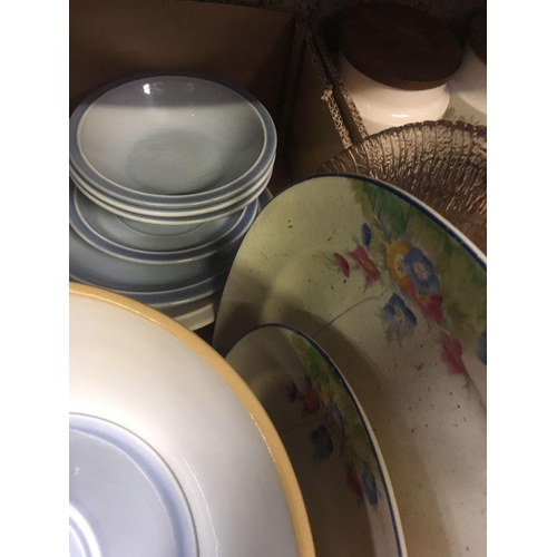 38 - 2 CARTONS OF MIXED KITCHEN CHINAWARE INCL; MIXING BOWL, HORNSEY & ROYAL DOULTON, DARTINGTON, AVOCADO... 