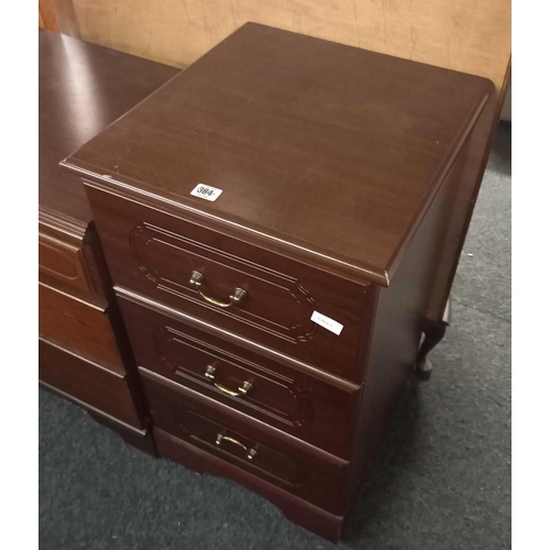 384 - MODERN STAINED WOOD BEDSIDE CHEST WITH 3 DRAWERS & BRASS DROP HANDLES