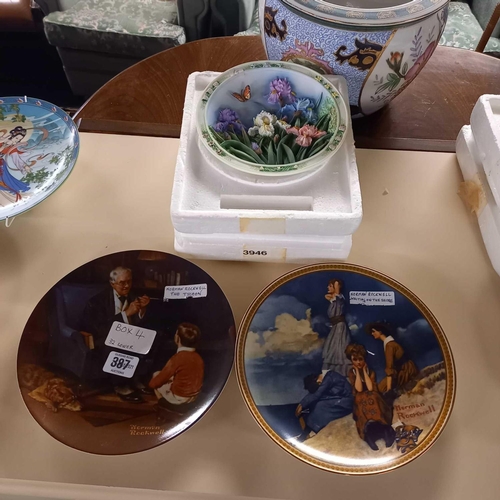 387 - BOX WITH PLATES, 4 NORMAN ROCKWELL, 8 ORIENTAL, 3 LENA LIU FLOWER PLATES