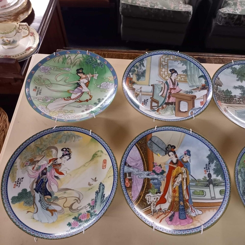 387 - BOX WITH PLATES, 4 NORMAN ROCKWELL, 8 ORIENTAL, 3 LENA LIU FLOWER PLATES