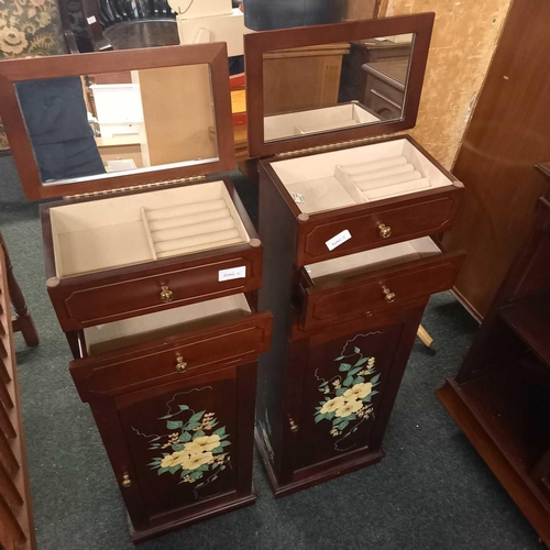 393 - PAIR OF DARK WOOD JEWELLERY CABINETS WITH CONCEALED DRAWERS & PAINTED DECORATION