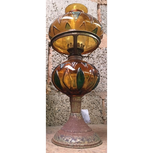 4 - ONE BRASS VINTAGE RAIN LAMP A/F, A DECORATIVE ORANGE GLASS OIL LAMP A/F & 1 OTHER