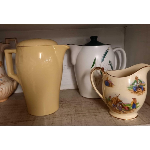 415 - SHELF OF VINTAGE COFFEE POTS & VASES