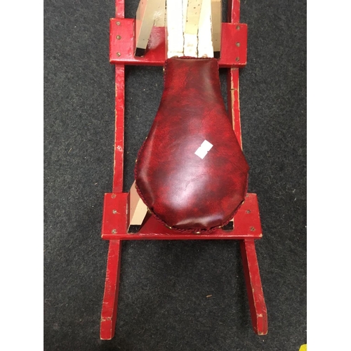 426 - RED & CREAM WOODEN ROCKING HORSE WITH UPHOLSTERED SEAT