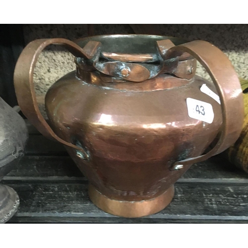 43 - SPELTER WATER JUG A/F, BROWN CERAMIC VASE & 2 HANDLED COPPER POT