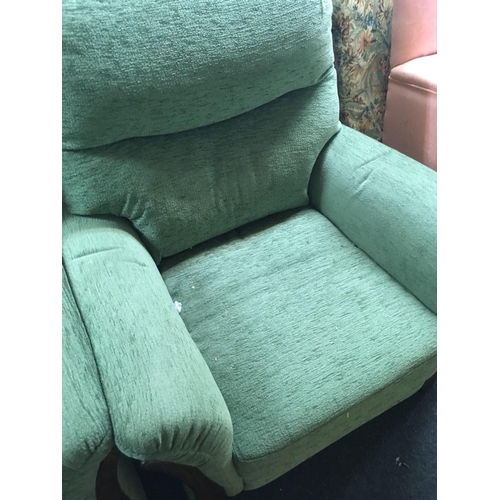 435 - THREE SEATER SETTEE, TWO MATCHING ARMCHAIRS & FOOT STOOL IN GREEN FABRIC