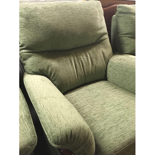 435 - THREE SEATER SETTEE, TWO MATCHING ARMCHAIRS & FOOT STOOL IN GREEN FABRIC