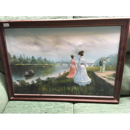 439 - 2 F/G GEORGIAN FASHION PRINTS & A MODERN OIL ON CANVAS PAINTING OF GEORGIAN LADIES