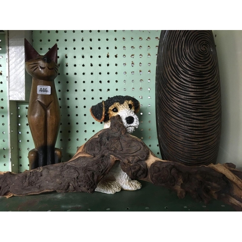 446 - TREEN CAT, TERRIER DOG, FANCY DECORATIVE VASE, OLD WOODEN LOG