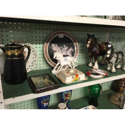 448 - 2 MELBA CART HORSES GREY & BROWN. SOUVENIR PLATE FROM GREECE, GILT FINISH BLACK TEA POT, WHITE RUNNI... 