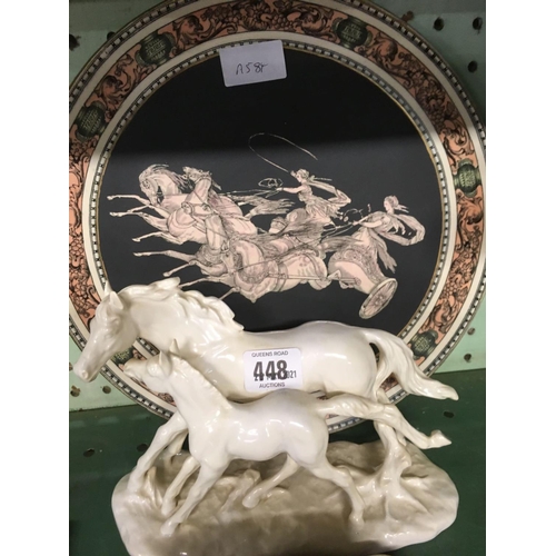 448 - 2 MELBA CART HORSES GREY & BROWN. SOUVENIR PLATE FROM GREECE, GILT FINISH BLACK TEA POT, WHITE RUNNI... 