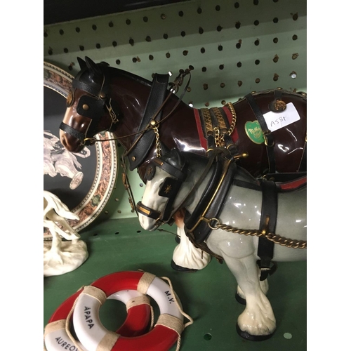 448 - 2 MELBA CART HORSES GREY & BROWN. SOUVENIR PLATE FROM GREECE, GILT FINISH BLACK TEA POT, WHITE RUNNI... 