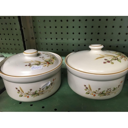 450 - SHELF OF 6 VARIOUS POTTERY TERRINE'S WITH LIDS