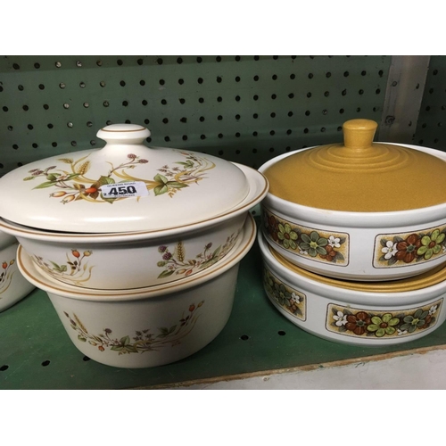 450 - SHELF OF 6 VARIOUS POTTERY TERRINE'S WITH LIDS