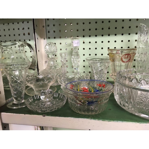 453 - SHELF OF CUT GLASS VASES, DECANTERS & OTHER GLASSWARE