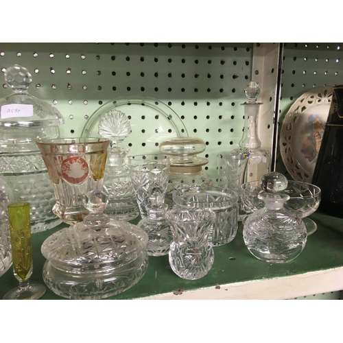 453 - SHELF OF CUT GLASS VASES, DECANTERS & OTHER GLASSWARE