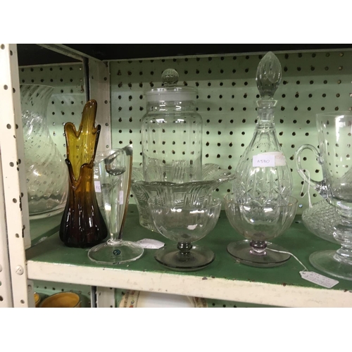 456 - SHELF OF VARIOUS DECANTERS, VASES,GOBLETS, SUNDAE DISHES ETC