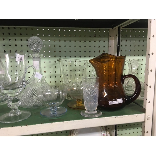 456 - SHELF OF VARIOUS DECANTERS, VASES,GOBLETS, SUNDAE DISHES ETC