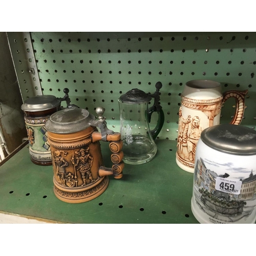 459 - SHELF OF 6 POTTERY STEINS & 1 GLASS STEIN