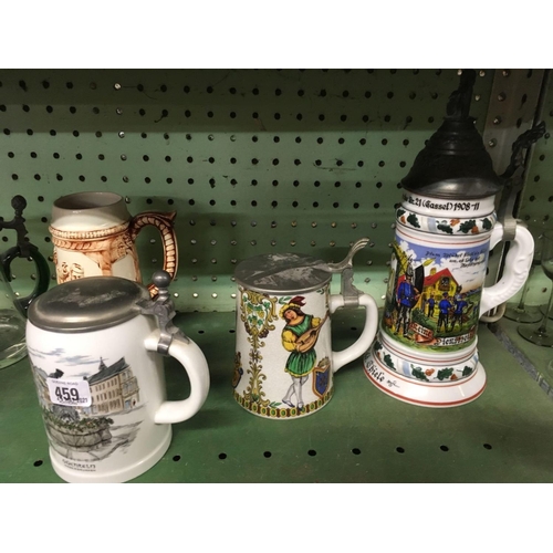 459 - SHELF OF 6 POTTERY STEINS & 1 GLASS STEIN