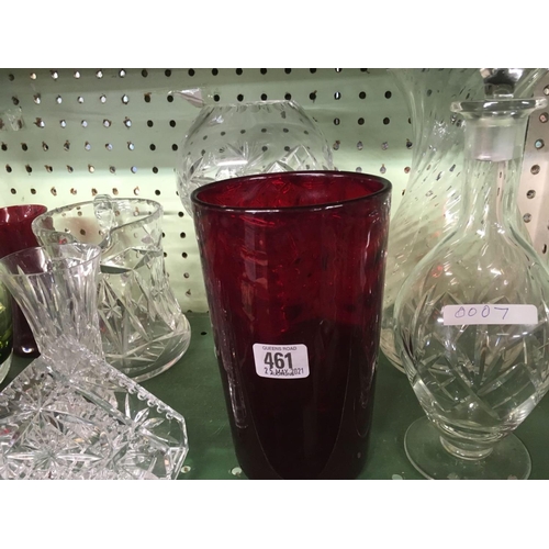 461 - SHELF OF CUT GLASSWARE INCL; BOWLS, CANDLE HOLDER, DECANTER, VASES ETC