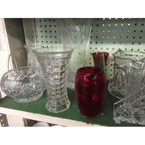 461 - SHELF OF CUT GLASSWARE INCL; BOWLS, CANDLE HOLDER, DECANTER, VASES ETC