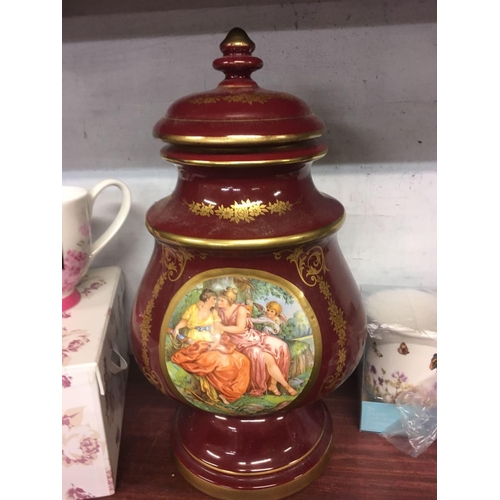 467 - SHELF OF CERAMIC MUGS, LARGE LIDDED JAR ETC