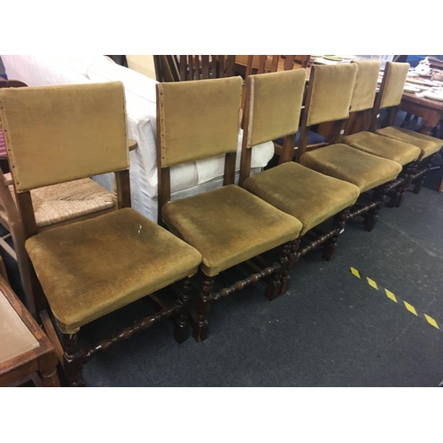 482 - SET OF 6 HEAVY OAK & UPHOLSTERED DINING CHAIRS WITH TURNED LEGS & STRETCHERS