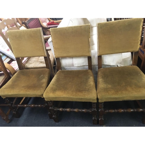 482 - SET OF 6 HEAVY OAK & UPHOLSTERED DINING CHAIRS WITH TURNED LEGS & STRETCHERS