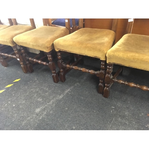 482 - SET OF 6 HEAVY OAK & UPHOLSTERED DINING CHAIRS WITH TURNED LEGS & STRETCHERS