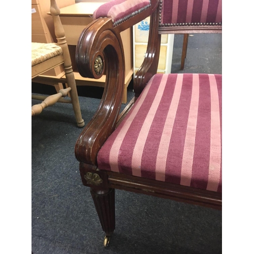 493 - WICKER LADDER BACK CARVER CHAIR WITH MAHOGANY UPHOLSTERED STRIPPED CARVER CHAIR