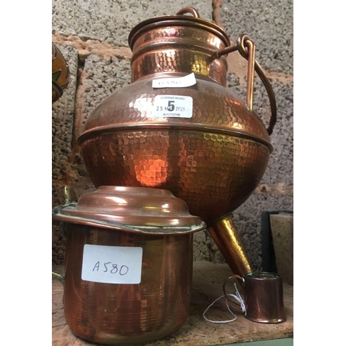 5 - COPPER CAULDRON ON 3 LEGS WITH SWING HANDLE, COPPER LIDDED TANKARD & SMALL COPPER MEASURE